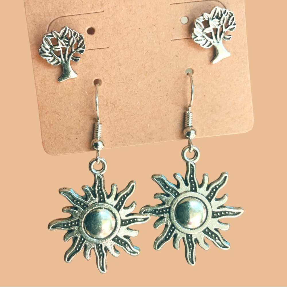 BOGO Sublime Sun Tree Nature Silver Tone Earrings Dangle Stud Boho Grunge